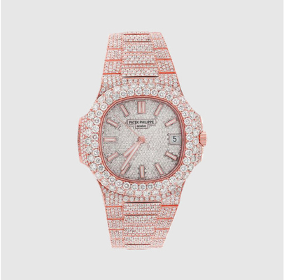 Nautilus 40.5mm 18k Rose Gold Iced Out Watch VVS Moissanite Diamond