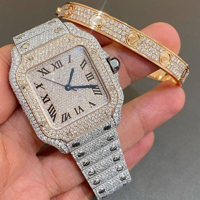 مردان زنان الماس یخ زده خارج Bling ساعت های شماره گیری Bezel باند VVS Moissanite ساعت